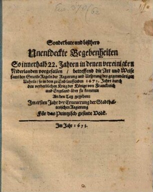 Sonderbare Begebenheiten so innerhalb 22 Jahren in denen ... Niderlanden vorgefallen
