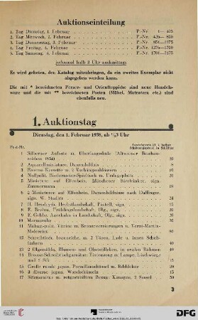 1. Auktionstag Dienstag, den 1. Februar 1938, ½ 3 Uhr (Nr. 1-425)
