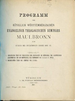 Programm des Königlich-Württembergischen Evangelisch-Theologischen Seminars Maulbronn. 1885/87