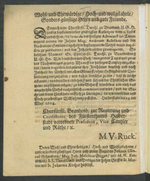 Wohl- und Ehrwürdige/ Hoch- und wohlgelahrte/ Sonders günstige Herrn und gute Freunde