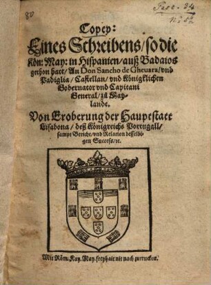 Copey eines Schreibens ... von Eroberung der Hauptstatt Lisabona ...