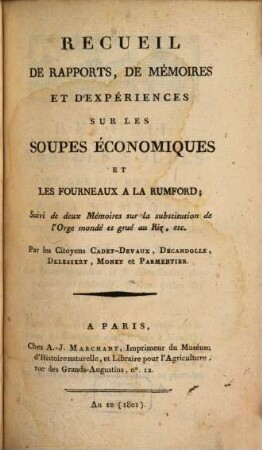 Recueil De Rapports, De Mémoires Et d'Expériences Sur Les Soupes Économiques Et Les Fourneaux A La Rumford