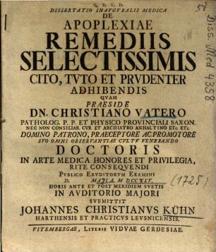 Dissertatio Inavgvralis Medica De Apoplexiae Remediis Selectissimis Cito, Tvto Et Prvdenter Adhibendis