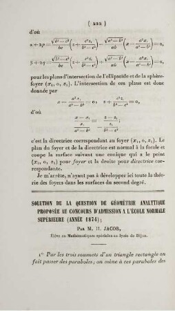 Solution de la question de géométrie analytique proposée au concours d'admission a l'école normale supérieure (Année 1874).