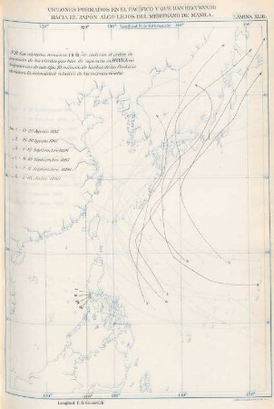 Lámina XLIII. Ciclones formados en el Pacífico y que han recurvado hacia el Japón algo lejos del meridiano de Manila