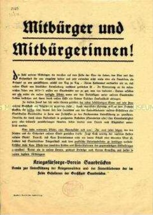 Mitbürger und Mitbürgerinnen - Werbeblatt des Kriegsfürsorgevereins Saarbrücken