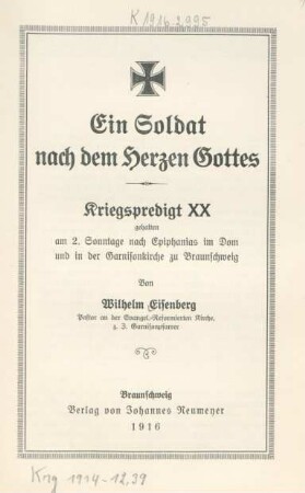 20: Ein Soldat nach dem Herzen Gottes : ... gehalten am 2. Sonntage nach Epiphanias im Dom und in der Garnisonkirche zu Braunschweig