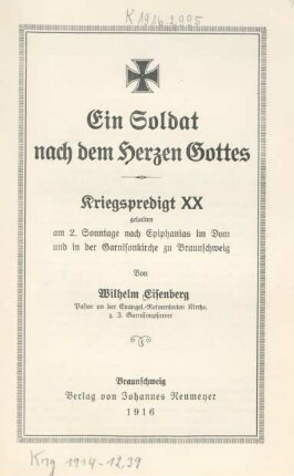 20: Ein Soldat nach dem Herzen Gottes : ... gehalten am 2. Sonntage nach Epiphanias im Dom und in der Garnisonkirche zu Braunschweig