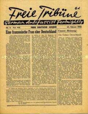 Mitteilungsblatt der Jugendorganisation der deutschen Emigranten in Großbritannien "Freie Tribüne" u.a. zur Frage der deutschen Einheit