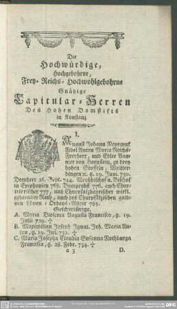 Die Hochwürdige, Hochgebohrne, Frey-Reichs-Hochwohlgebohrne Gnädige Capitular-Herren Des Hohen Domstifts in Konstanz