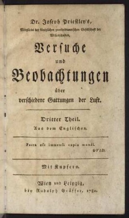 Joseph Priestley's Versuche und Beobachtungen über verschiedene Gattungen der Luft : mit Kupfern; Bd. 3
