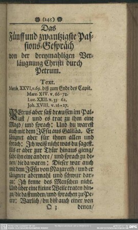 Das Fünff und zwantzigste Passions-Gespräch von der dreymahligen Verläugnung Christi durch Petrum