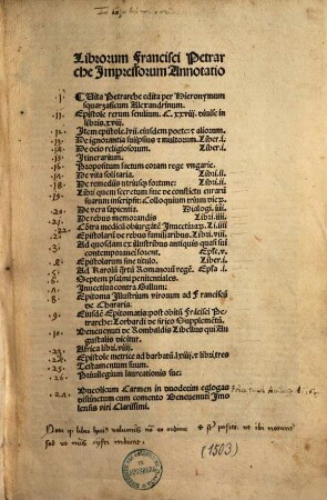 Librorum Francisci Petrarche Jmpressorum Annotatio : Vita Petrarche edita per Hieronymum squarzaficum Alexandrinum. Epiestole rerum senilium. C. xxviii. divise in libris. xviii. Item epistole. lvii. eiusdem poete: et aliorum ... Bucolicum Carmen in duodecim eglogas distinctum cum comento Benevenuti Imolensis viri Clarissimi
