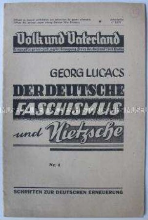 Kriegsgefangenen-Zeitung "Volk und Vaterland" mit einem Aufsatz von Georg Lucacs über die philosophischen Wurzeln des deutschen Faschismus