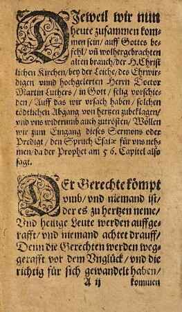 Eine tröstliche Predigt, vber der seligen Leiche, Doctoris Martini Luthers, Zu Eißleben den 20. Februarij, Anno 1546.