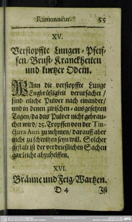 XV. Verstopffte Lungen- Pfeiffen, Brust-Kranckheiten und kurtzer Odem