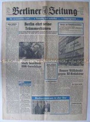Tageszeitung "Berliner Zeitung" u.a. zur Ehrung von Trümmerfrauen in Berlin
