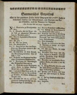 Summarisches Verzeichniß