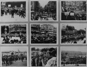 Ausstellungstafel mit Szenen aus dem Dokumentarfilm "Erstes Sächsisches Sängerbundes-Fest" (1925.06.20/1925.06.23). Dresden, Galerie Nord. Ausstellung "Borchert, Christian, Dresden - Bilder aus Dokumentarfilmen 1913–1949"