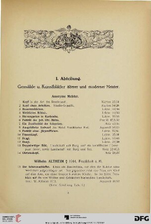 Gemälde u. Kunstblätter älterer und moderner Meister (Nr. 1-240)