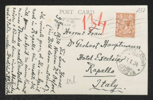 Brief von Hermann Georg Fiedler an Gerhart Hauptmann und Margarete Hauptmann