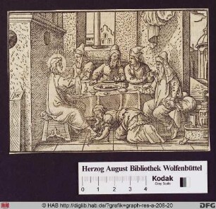 Gastmahl im Hause des Pharisäers Simon; eine Frau wäscht die Füße Christi mit ihren Tränen und trocknet sie mit ihrem Haar (Lukas 7:36-50).
