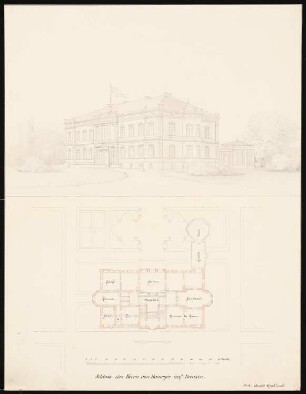 Schloss Ranzin: Perspektivische Ansicht, Grundriss Erdgeschoss mit Gartenanlage