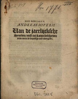 Een Boecxken Andreae Hyperii Van de jaerlijcksche Synoden