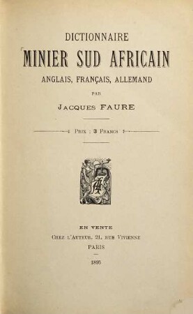 Dictionnaire Minier Sud Africain anglais, français, allemand