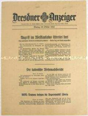 Nachrichtenblatt "Dresdner Anzeiger" mit Meldungen des Oberkommandos der Wehrmacht und des italienischen Oberkommandos u.a. zur Schlacht um Stalingrad und zum Kriegsgeschehen im Kaukasus