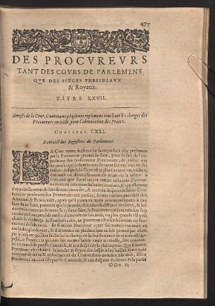 Des procureurs tant des cours de parlemens que des sieges presidiaux & royaux. Titre XXVII.