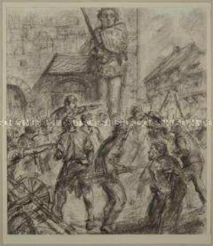 Urteilsspruch vor der Rolandsstatue auf dem Halberstädter Holzmarkt - Illustration zu 'Der lange Matz'