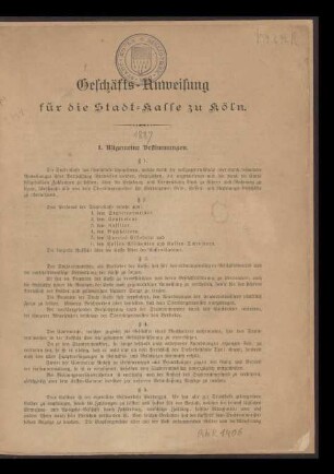 Geschäfts-Anweisung für die Stadt-Kasse zu Cöln