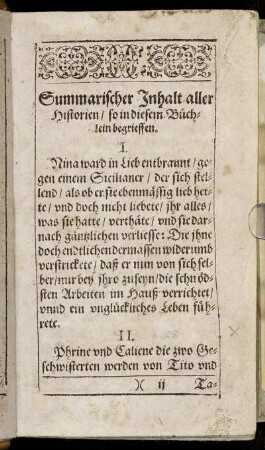 Summarischer Inhalt aller Historien/ so in diesem Büchlein begrieffen.