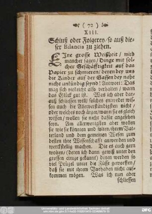 XIII. Schluß oder Folgen, so auß dieser Bilancia zu ziehen.