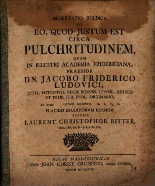 Diss. iur. de eo, quod iustum est circa pulchritudinem