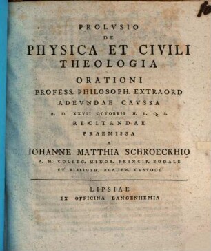 Prolusio de physica et civili theologia