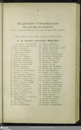 Mitglieder-Verzeichniss (Bis Ende Mai 1891 fortgeführt)