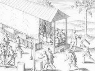 Kaufhaus, in dem die Holländer zu Banda ihr Gewerbe betrieben - Buchseite aus de Bry, India II