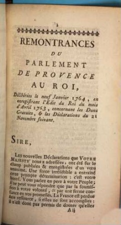 Remontrances Du Parlement De Provence Au Roi, Délibérés le neuf Janvier 1764