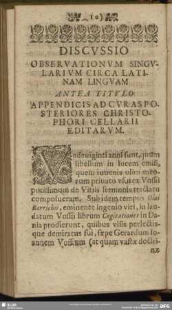 Discussio Observationum Singularium Circa Latinam Linguam Antea Titulo Appendicis Ad Curas Posteriores Christophori Cellarii Editarum