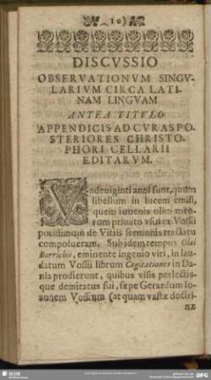 Discussio Observationum Singularium Circa Latinam Linguam Antea Titulo Appendicis Ad Curas Posteriores Christophori Cellarii Editarum