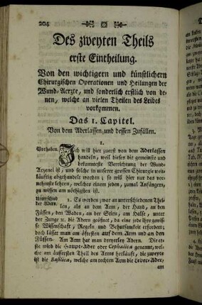 Erste Eintheilung. Von den Chirurgischen Operationen, welche an vielen Theilen des Leibes vorkommen.