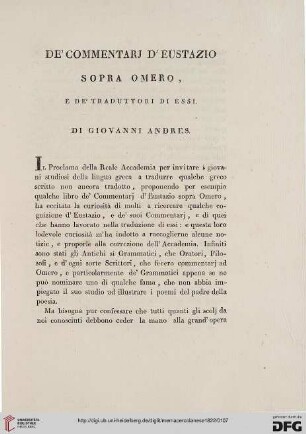 1: De'commentarj d'Eustazio sopra Omero, e de' traduttori di Essi