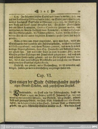 Cap. VI. Von einigen der Stadt Hildburghausen zugehörigen Grund-Stücken, auch zugestossenen Unglück