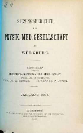 Sitzungs-Berichte der Physikalisch-Medizinischen Gesellschaft zu Würzburg. 1894