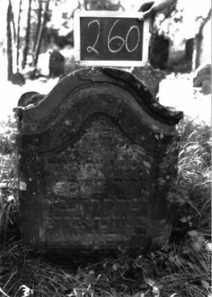 Grabstein 260 (Index: 100103213) Material: Sandstein Zustand: leicht verwittert, eingesunken Maße HxBxT: 85x59x10 cm Beschreibung: Stele, Konvexbogenabschluss mit Verdachung, Schriftfeld eingetieft: Grabstein 260