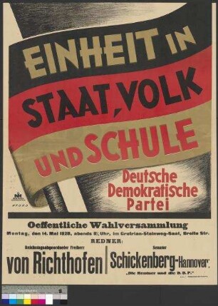 Plakat der DDP zu einer öffentlichen Wahlversammlung am 14. Mai 1928 in Braunschweig