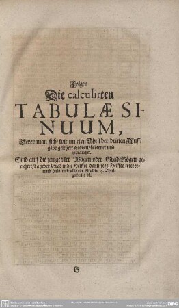 Folgen Die calculirten TABULAE SINUUM,...