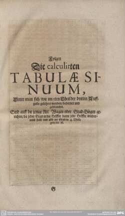 Folgen Die calculirten TABULAE SINUUM,...